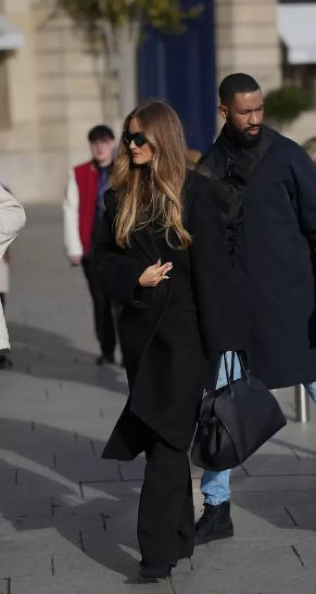The Row Soft Margaux 15 Bag in Leather worn by Rosie Huntington-Whiteley in Paris on January 22, 2024