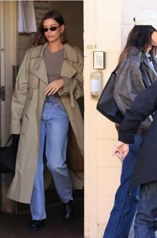 The Row Enrica Cashmere Sweater in Taupe worn by Hailey Bieber in Beverly Hills on January 21, 2024