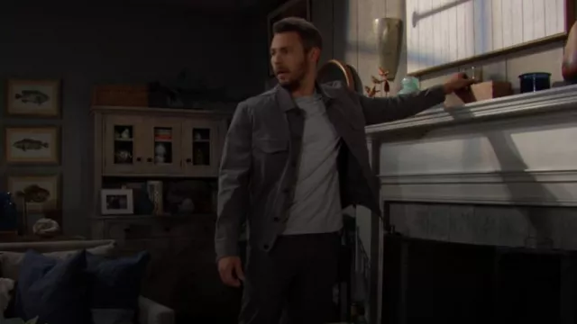 Theory River Cotton Blend Twill Trucker Jacket in Dark Grey worn by Liam Spencer (Scott Clifton) as seen in The Bold and the Beautiful on  January 24, 2024