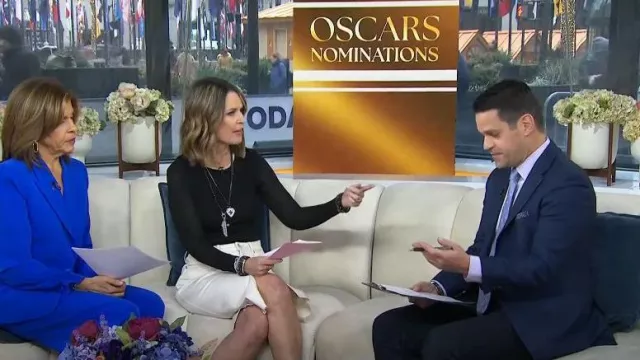 Veronica Beard Breves Denim Midi Skirt in Ecru worn by Savannah Guthrie as seen in Today on January 23, 2024