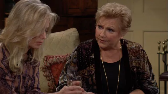 Chicos Velvet Burnout Kimono worn by Traci Abbott (Beth Maitland) as seen in The Young and the Restless on January 23, 2024