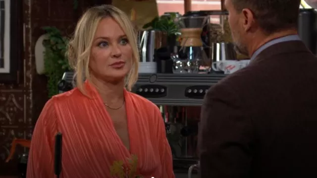 Black Halo Palia Dress in Coral Fusion worn by Sharon Newman ( Sharon Case) as seen in The Young and the Restless on January 22, 2024