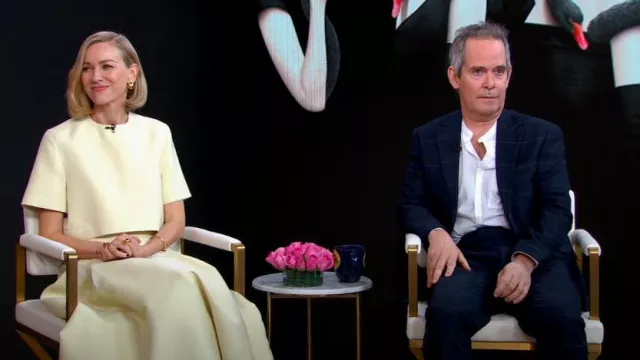 Bottega Veneta Compact Wool Midi-Skirt in Camomile worn by Naomi Watts as seen in Good Morning America on January 22, 2024
