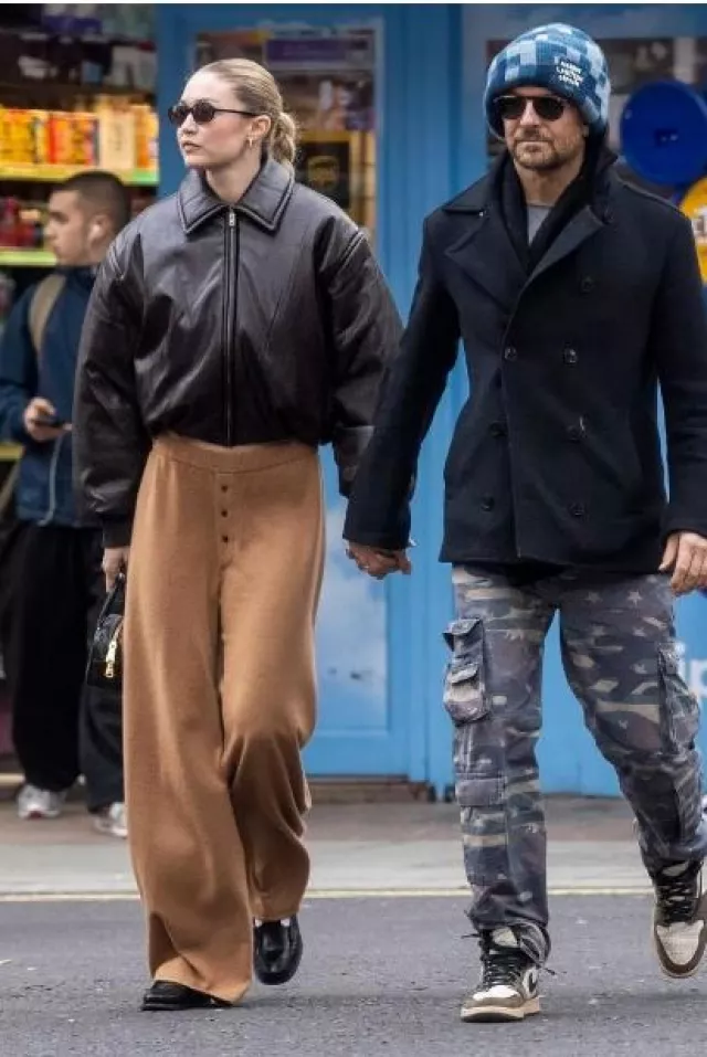 Guest in Residence Everywear Pants in Almond worn by Jelena Noura "Gigi" Hadid at out and About in London on on January 25, 2024