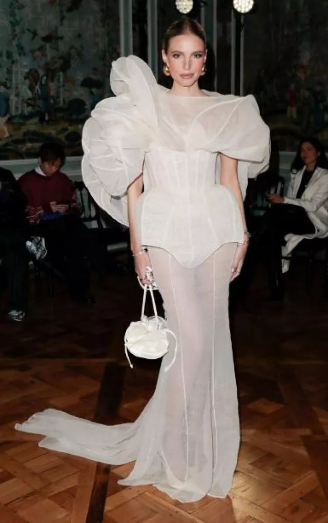 Magda Butrym Magda Cream Satin Shoulder Bag worn by Leonie Hanne at  Ashi Studio Haute Couture Show on January 25, 2024