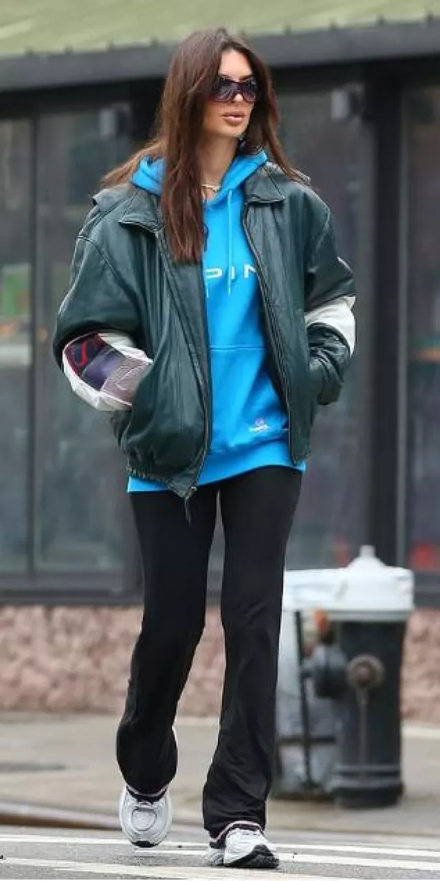 Keith Haring Television Head Businessman Leather Jacket worn by Emily Ratajkowski in NYC on January 24, 2024