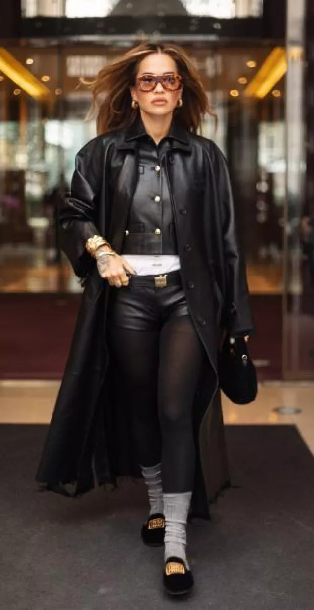 Miu Miu Short-Sleeved Nappa Leather Jacket worn by Rita Ora in Paris on January 21, 2024