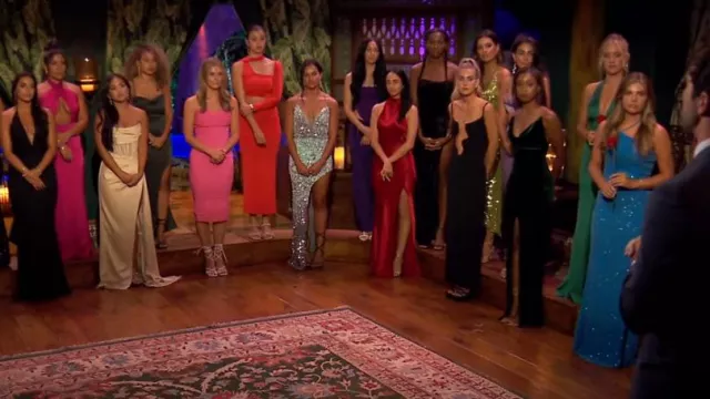 Xscape Sequin Asymmetric Neck Gown in Blue worn by Jessica Edwards as seen in The Bachelor (S28E02)