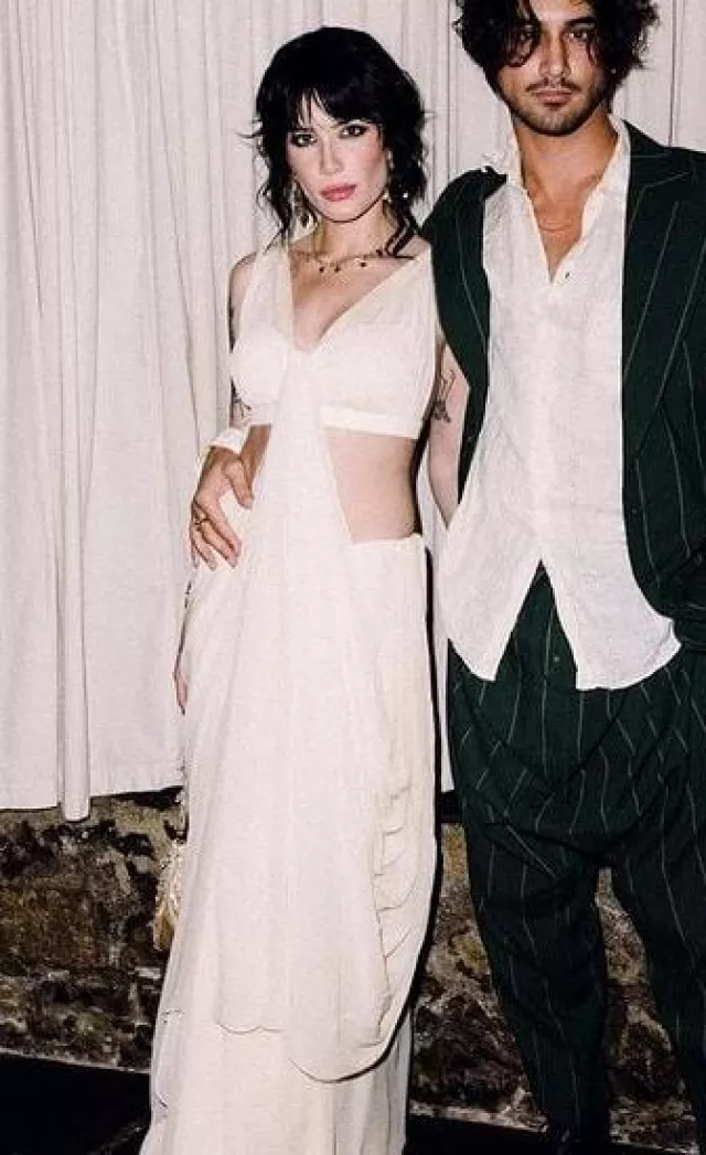 Arpita Mehta Coconut Ruffle Sari, Pleated Blouse and Belt Set worn by Halsey on her Instagram on  January 27, 2024