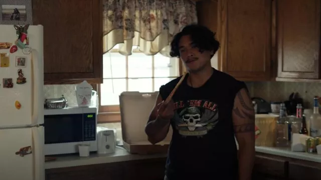 Kill Em All Let God Sort Em Out Military Forces Black T-Shirt worn by Remy's Punk-Ass Clerk (Brandon Engman) as seen in Hightown (S02E02)