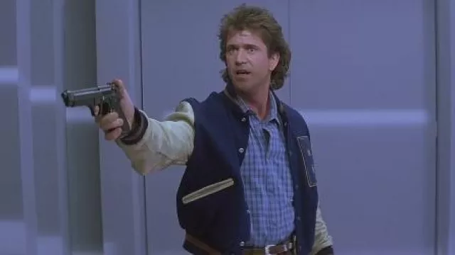 Blue Varsity Jacket worn by Martin Riggs (mel Gibson) as seen in Lethal Weapon 2 movie outfits