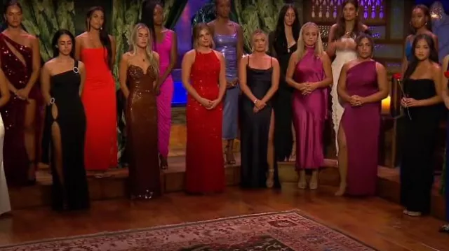 Verbier Embellished Bandeau Cowl Neck Midi Dress In Black worn by Jenn Tran as seen in The Bachelor (S28E03)