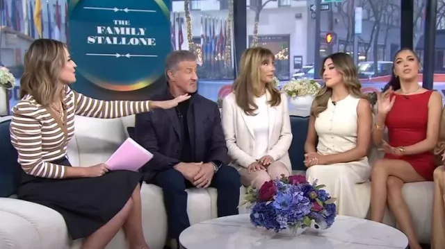 Veronica Beard Delkab Striped Puff-Sleeve Top in Camel Multi worn by Savannah Guthrie as seen in Today on February 8, 2024