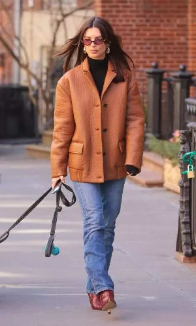 Miu Miu Button-Up Leather Jacket worn by Emily Ratajkowski in New York City on February 9, 2024