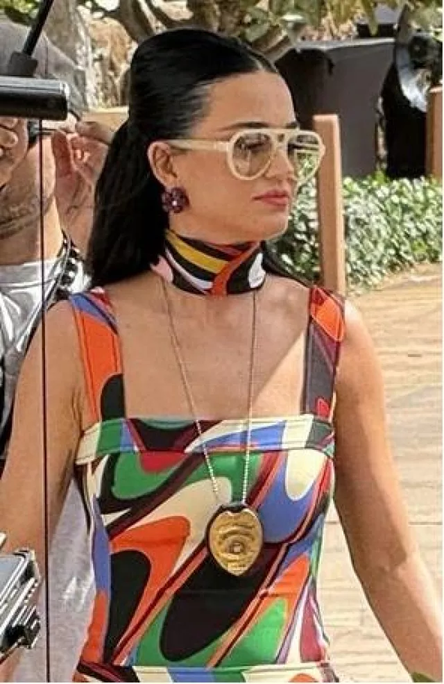 Emilio Pucci Onde-Print Crepe Minidress worn by Katy Perry at Filming American Idol on February 9, 2024
