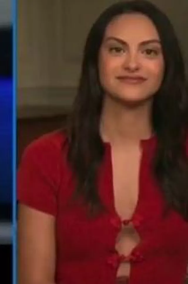 With Jean Ruby Top worn by Camila Mendes for Upgraded Press Interview on February 8, 2024