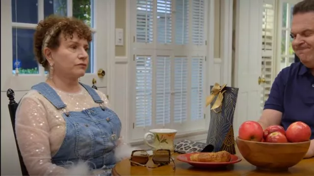 R13 Denim Dungaree Crop Top In Brindley worn by Susie Greene (Susie Essman) as seen in Curb Your Enthusiasm (S12E02)