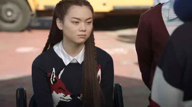 Ann Taylor Navy Blue Kissing Fox Pullover Sweater worn by Denise (Alexa Loo) as seen in Chad (S02E10)
