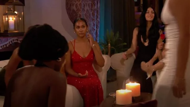 Windsor Rachel Formal Glitter Lace-Up Dress In Red worn by Rachel Nance as seen in The Bachelor (S28E04)