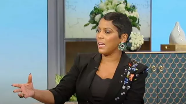 Ettika Opulent Crystal Stardust Open Circle Earrings worn by Tamron Hall as seen in Tamron Hall Show on February 19, 2024
