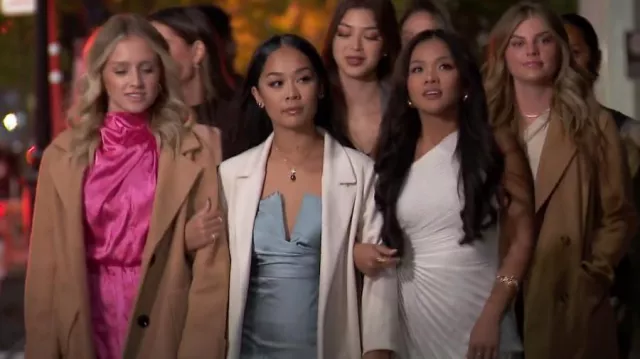 Showpo Jaslynn Midi Dress Strapless V Neck Satin Dress In Ice Blue worn by Lea Cayanan as seen in The Bachelor (S28E06)