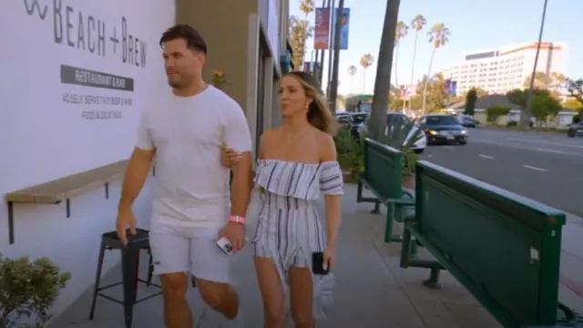 Papaya Off The Shoulder Striped Maxi Romper worn by Scheana Shay as seen in Vanderpump Rules (S11E04)