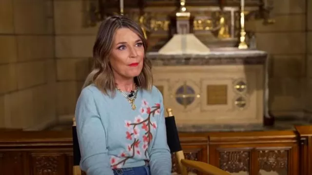 Saccharine Aqua Sprinkle Sweater With Cherry Blossom Motif worn by Savannah Guthrie as seen in Today on  February 20, 2024