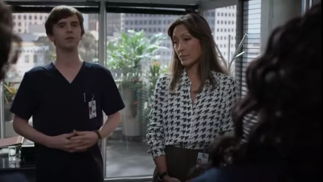 Judith & Charles Ronel Houndstooth-Print Button-Down Blouse worn by Dr. Audrey Lim (Christina Chang) as seen in The Good Doctor (S07E01)