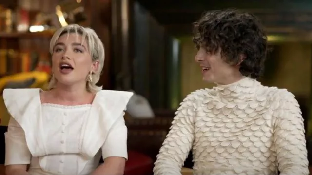 The Irish Twin Linen Top with Embroidered Trimmings worn by Florence Pugh as seen in Good Morning America on February 22, 2024