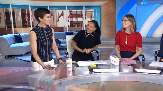 Theory Hankson Striped Shell Tank Top worn by Stephanie Gosk as seen in Today on February 23, 2024