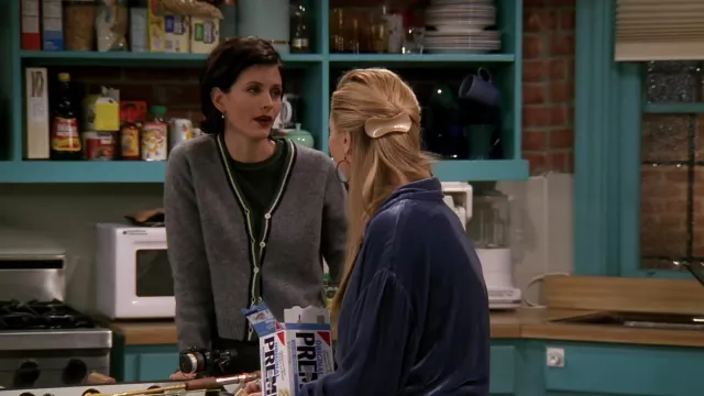 Grey Wool Cardigan worn by Monica Geller (Courteney Cox) as seen in Friends TV show outfits (Season 4 Episode 14)