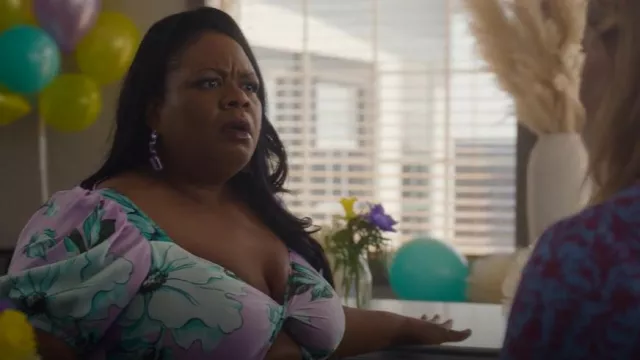 Asos Design Curve Satin Midi Tea Dress with Twist Front in Lilac and Green Floral Print worn by Maya (Yamaneika Saunders) as seen in Life & Beth (S02E07)