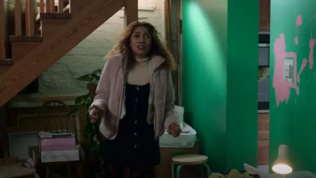 Asos Design Denim Pinny Dress with Button Through in Black worn by Jaylin Ye as seen in Dead Hot (S01E06)
