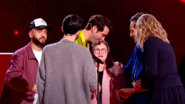 The YMC red Bowie brushed stripe shirt worn by Oli on The Voice on February 10, 2024