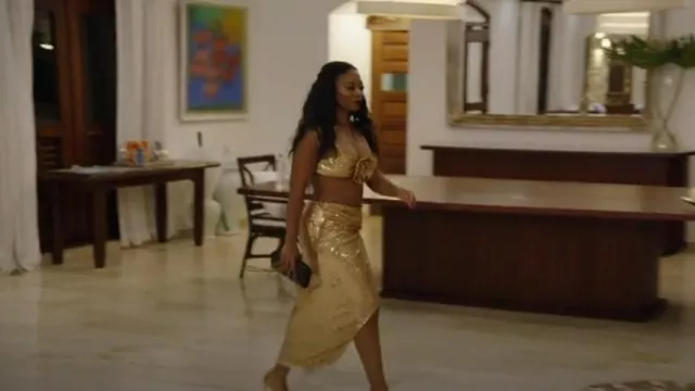 Tatbo Fringed Draped Sequined Satin Midi Skirt worn by Keiana Stewart as seen in The Real Housewives of Potomac (S08E15)