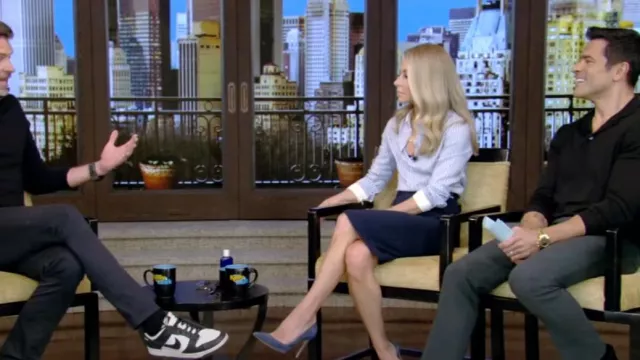 Celine Romy Shirt In Striped Silk worn by Kelly Ripa as seen in LIVE with Kelly and Mark on March 4, 2024