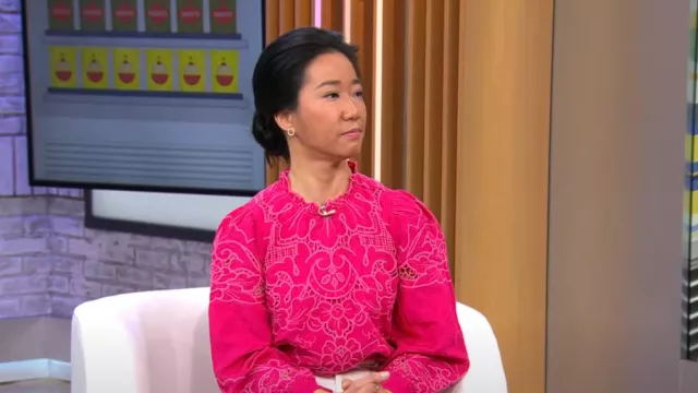 By Anthropologie The Lainie Long-Sleeve Lace Cutwork Blouse worn by Myo Quinn as seen in CBS Mornings on March 6, 2024