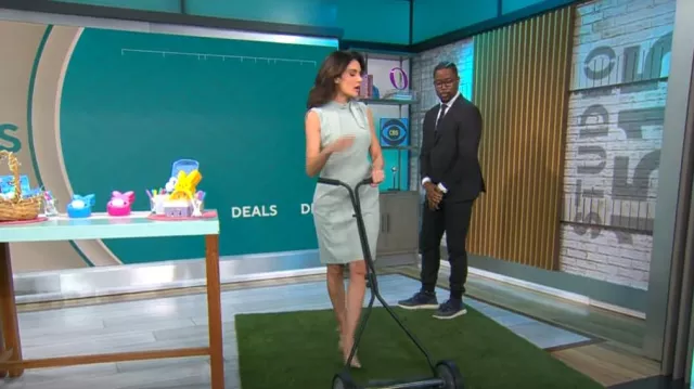 Vestido ajustado sin mangas con cuello corbatado de Calvin Klein usado por Adriane Kiss como se ve en CBS Mornings el 7 de marzo de 2024