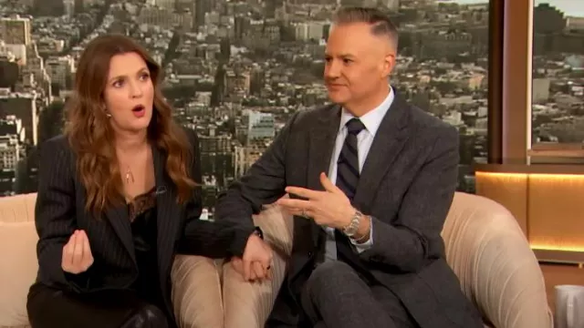 Area Silver Crystal Star Drop Earrings worn by Drew Barrymore as seen in The Drew Barrymore Show on March 7, 2024