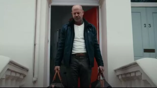 Next Signature Leather Borg Lined Biker Neck Jacket worn by Bouncer (Zoltan Rencsar) as seen in The Gentlemen (S01E01)