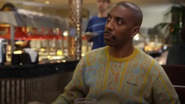 Supreme Ta­pes­try Sweater worn by Leon (J. B. Smoove) as seen in Curb Your Enthusiasm (S12E06)
