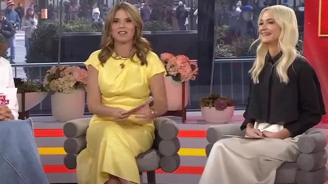 Pearl by Lela Rose Satin Crepe Draped Midi Dress In Butter worn by Jenna Bush Hager as seen in  Today with Hoda & Jenna on March 11, 2024