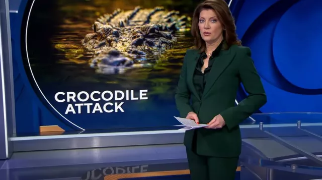 Pantalon Haylee de la collection Michael Kors en forêt porté par Norah O’Donnell tel qu’on le voit dans CBS Evening News avec Norah O’Donnell le 11 mars 2024
