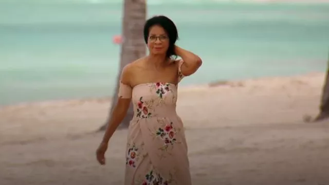 Svaliy Floral Off The Shoulder Split Chiffon Maxi Beach Dress Wedding Party worn by Sandra Mason as seen in The Bachelor (S28E09)