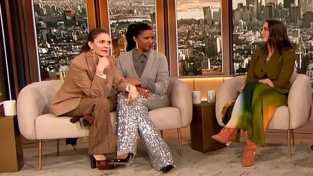 Gucci Horsebit Check Patterned Flared Leg Wool Trousers worn by Drew Barrymore as seen in The Drew Barrymore Show on March 11, 2024