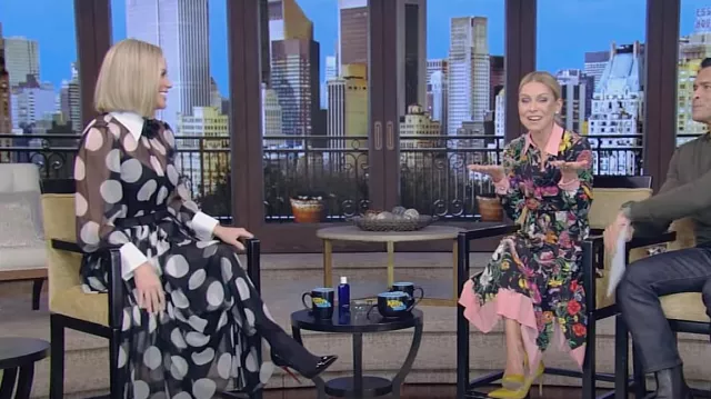 Dolce & Gabbana Polka Dot Long Sleeve Belted Chiffon Midi Dress worn by Jenny McCarthy as seen in LIVE with Kelly and Mark on March 14, 2024