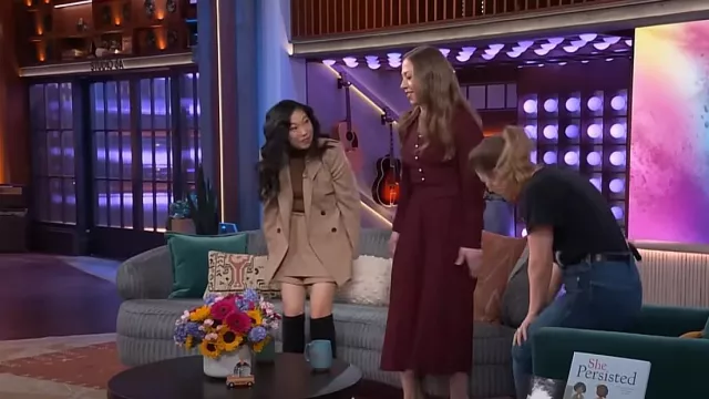 Maje Pinstripe Belted Skort worn by Awkwafina as seen in The Kelly Clarkson Show on March 13, 2024
