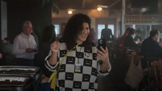 Acne Studios Check Sweater worn by Lola Rahaii (Natasha Behnam) as seen in The Girls on the Bus (S01E01)