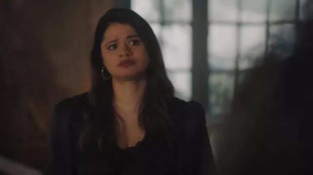 Frame Gath­ered V-Neck Silk Blouse worn by Mel Vera (Melonie Diaz) as seen in Charmed (S04E08)