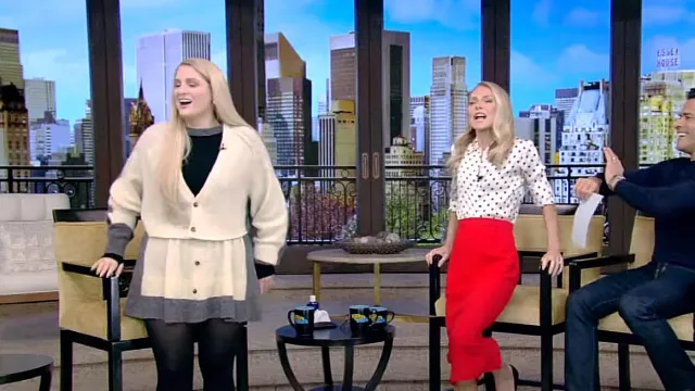 Loewe Bicolor Knit Button Front Mini Skirt worn by Meghan Trainor as seen in LIVE with Kelly and Mark on March 19, 2024